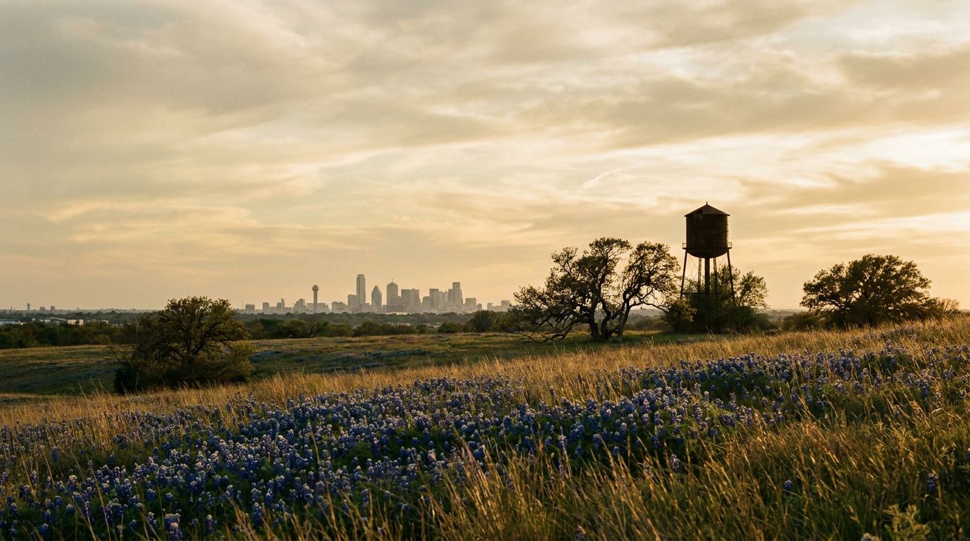 Bluebonnets and prairie grass on the Blackland Prairie at golden hour, with an old water tower and the downtown Dallas skyline on the horizon