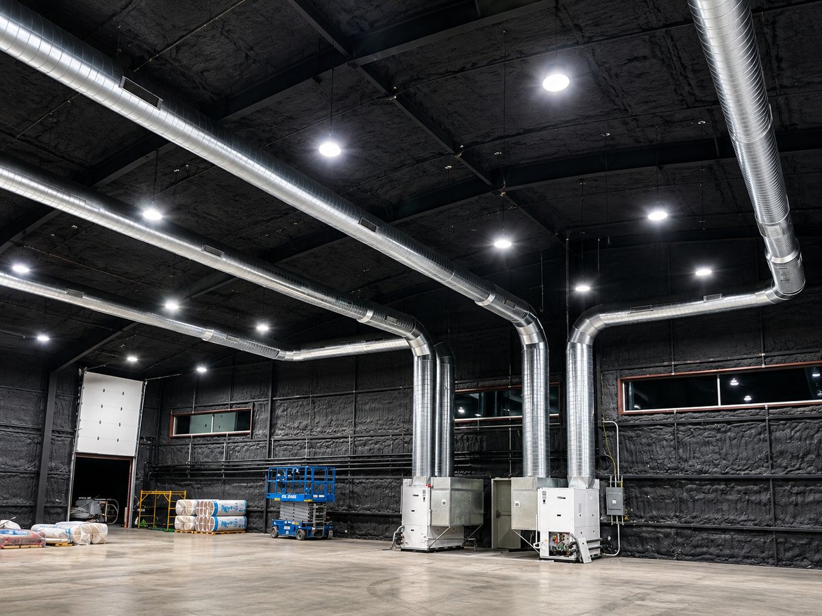 Main geothermal units at Home Run Alley with overhead spiral duct runs and spray-foamed walls