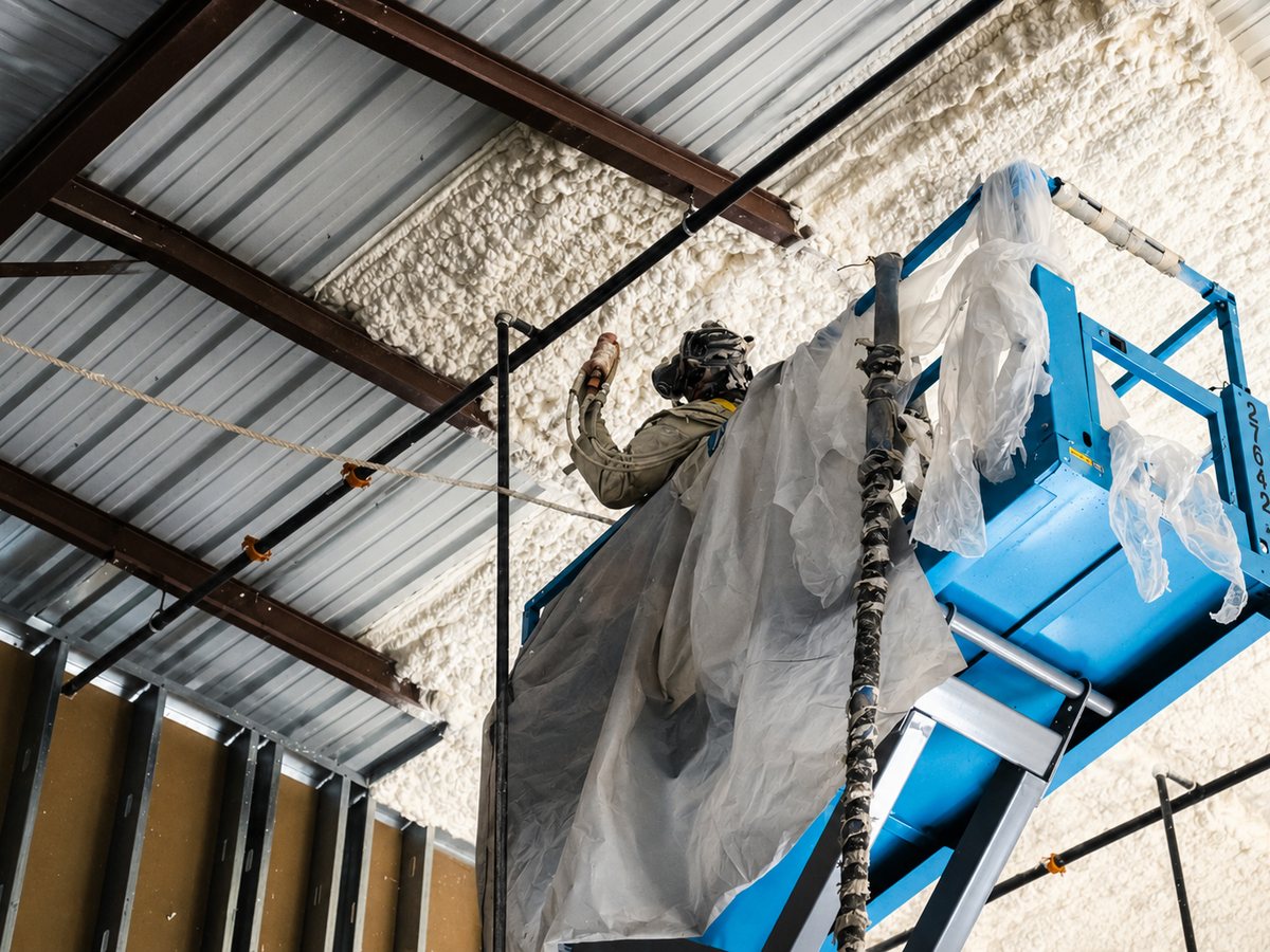 Excel crew member on a lift spraying closed-cell foam across the Home Run Alley building envelope