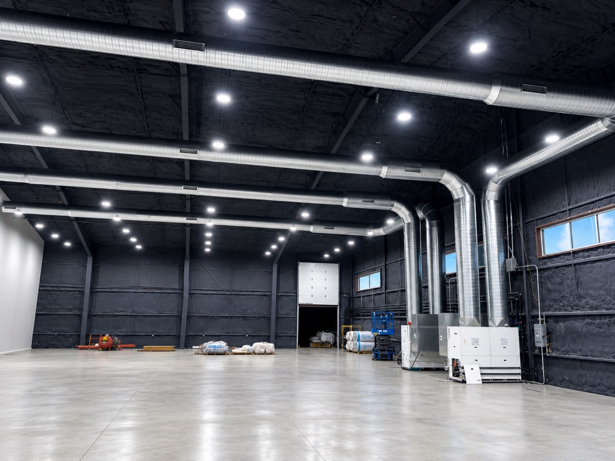 Finished interior at Home Run Alley in Lucas, Texas — commercial geothermal units along the wall with spiral ductwork running overhead
