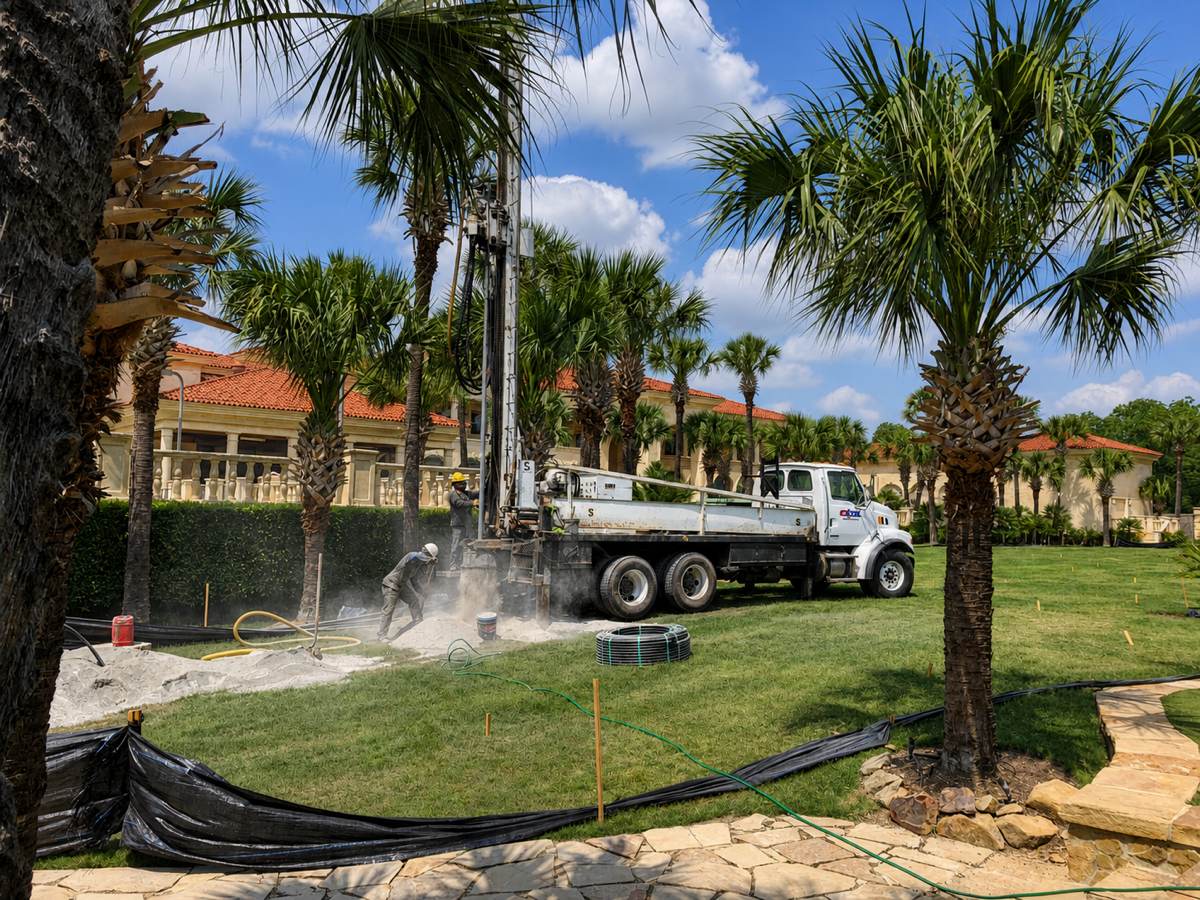 Excel Geothermal drilling rig boring vertical geothermal wells on a palm-lined North Texas lawn